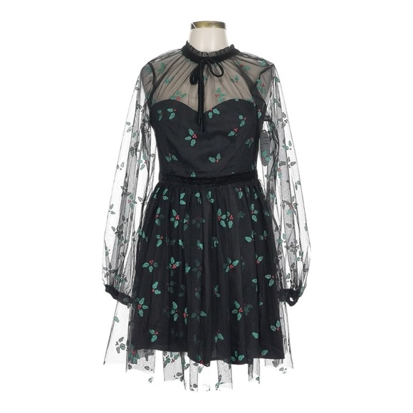 Unique Vintage Black Mistletoe Glitter Mesh Holiday Party Dress L 10-12 NWT - Picture 1 of 11